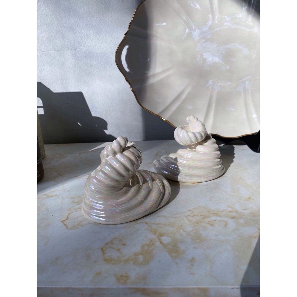 Handmade Etsy ceramic iridescent cream seaside candleholders
